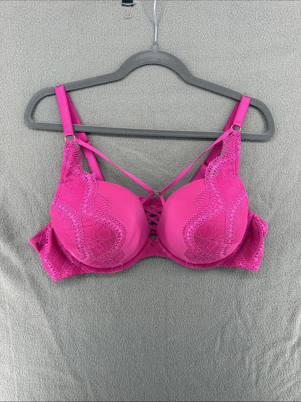 Fuchsia Lace Padded Bra with Strappy Front Detail